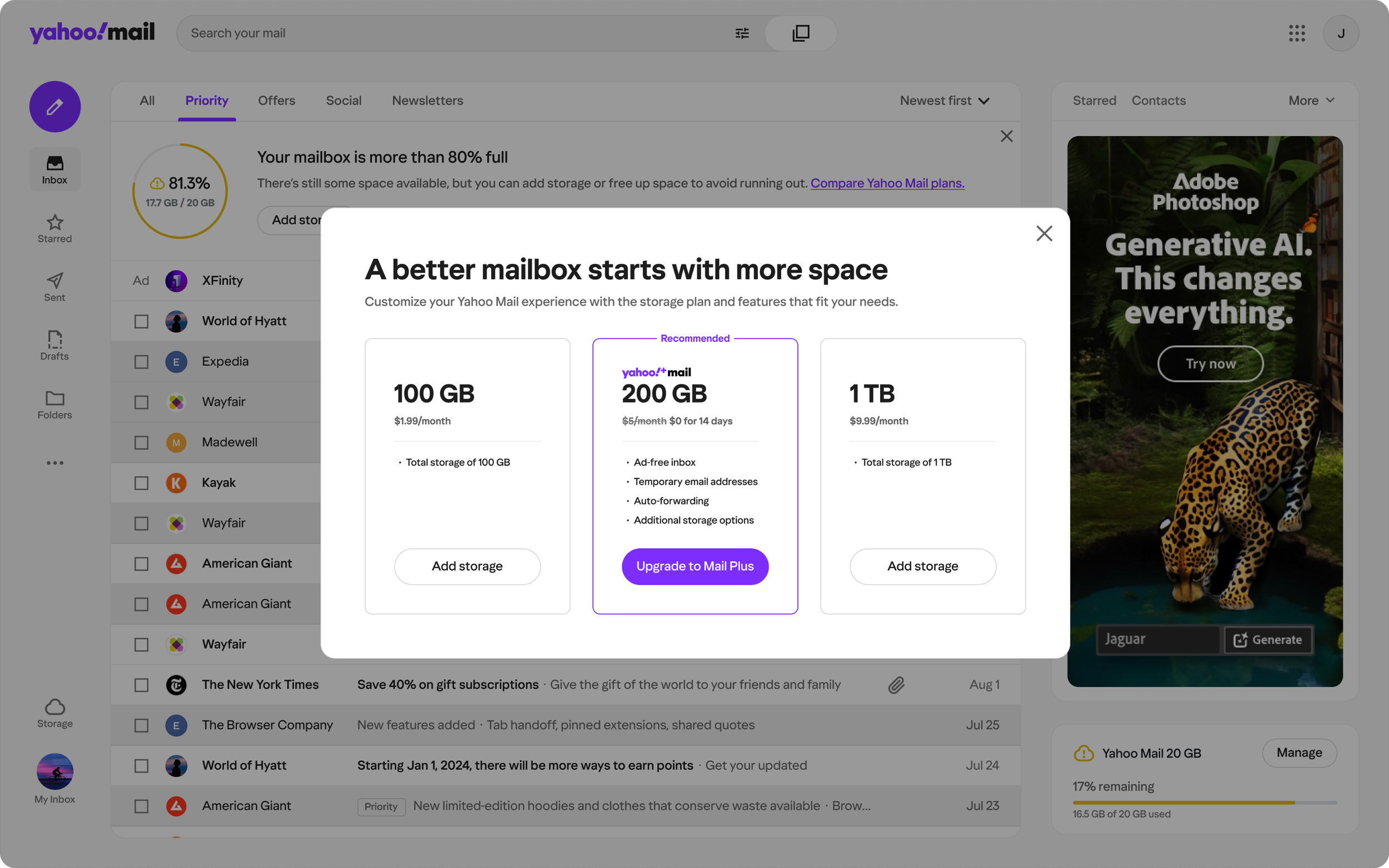 Yahoo Mail upsell